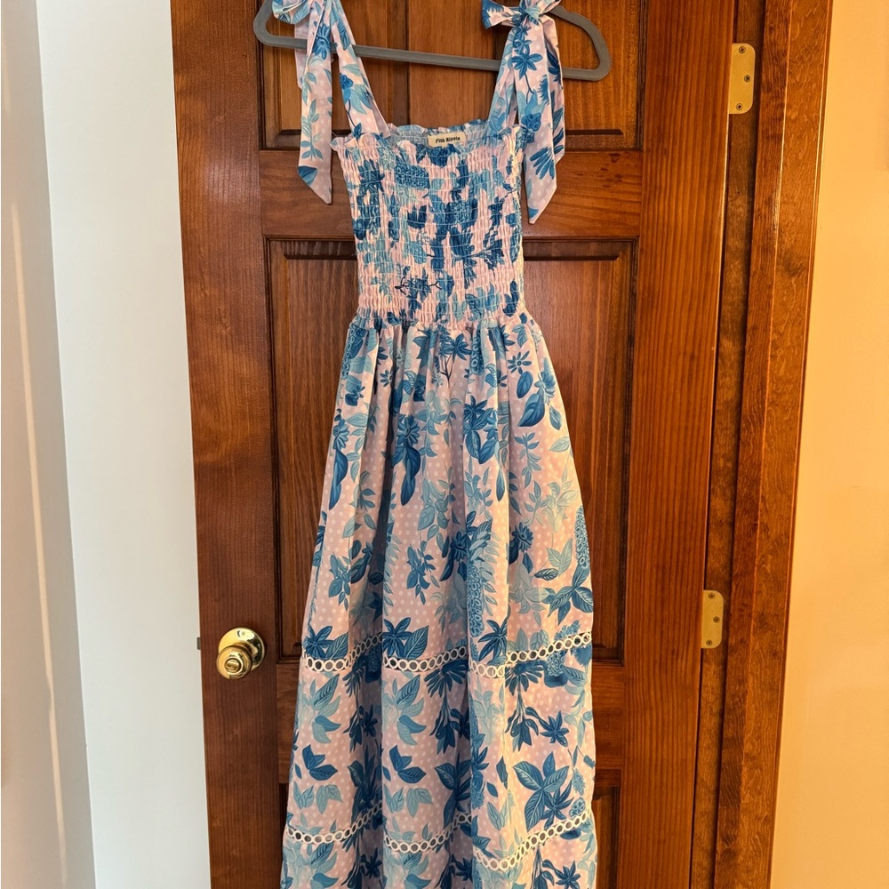 Pink Ripple Blue/Pink Floral Smocked Tie Strap Midi Dress Cottagecore Size S